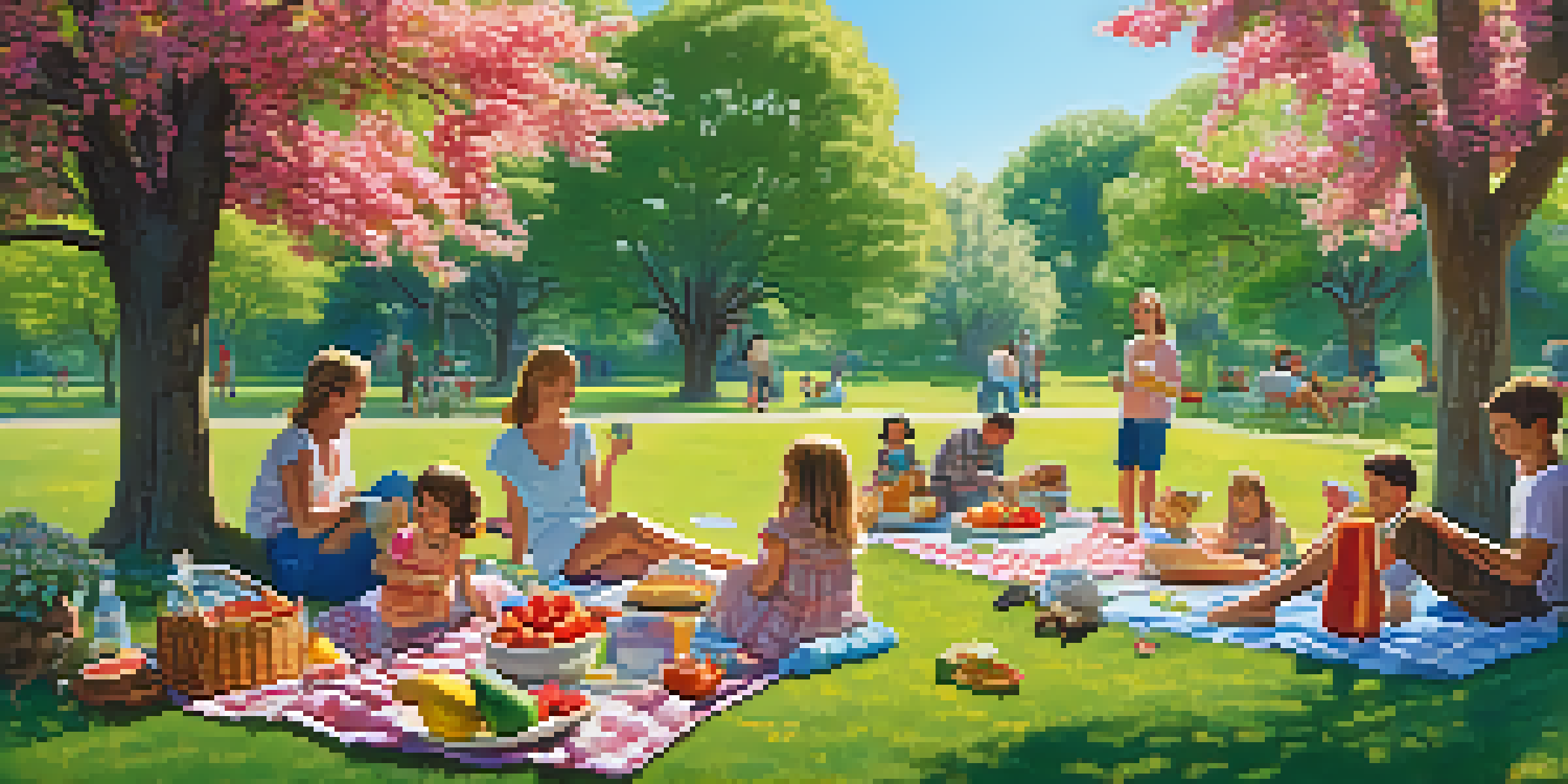 A family enjoying a picnic in a green park, with children playing frisbee in the background.