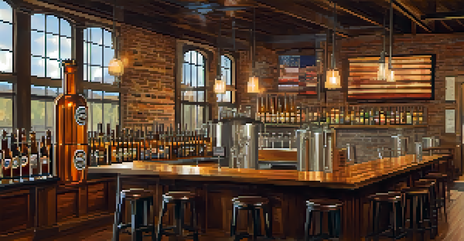 A close-up of craft beer bottles in a St. Louis brewery with brewing equipment in the background.