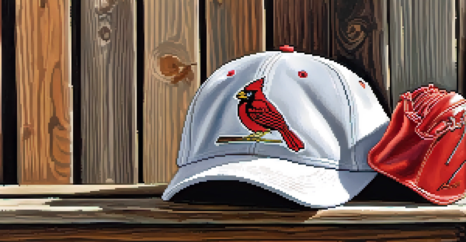 A close-up of a St. Louis Cardinals baseball cap on a wooden bench, with a baseball and glove next to it, illuminated by soft sunlight.