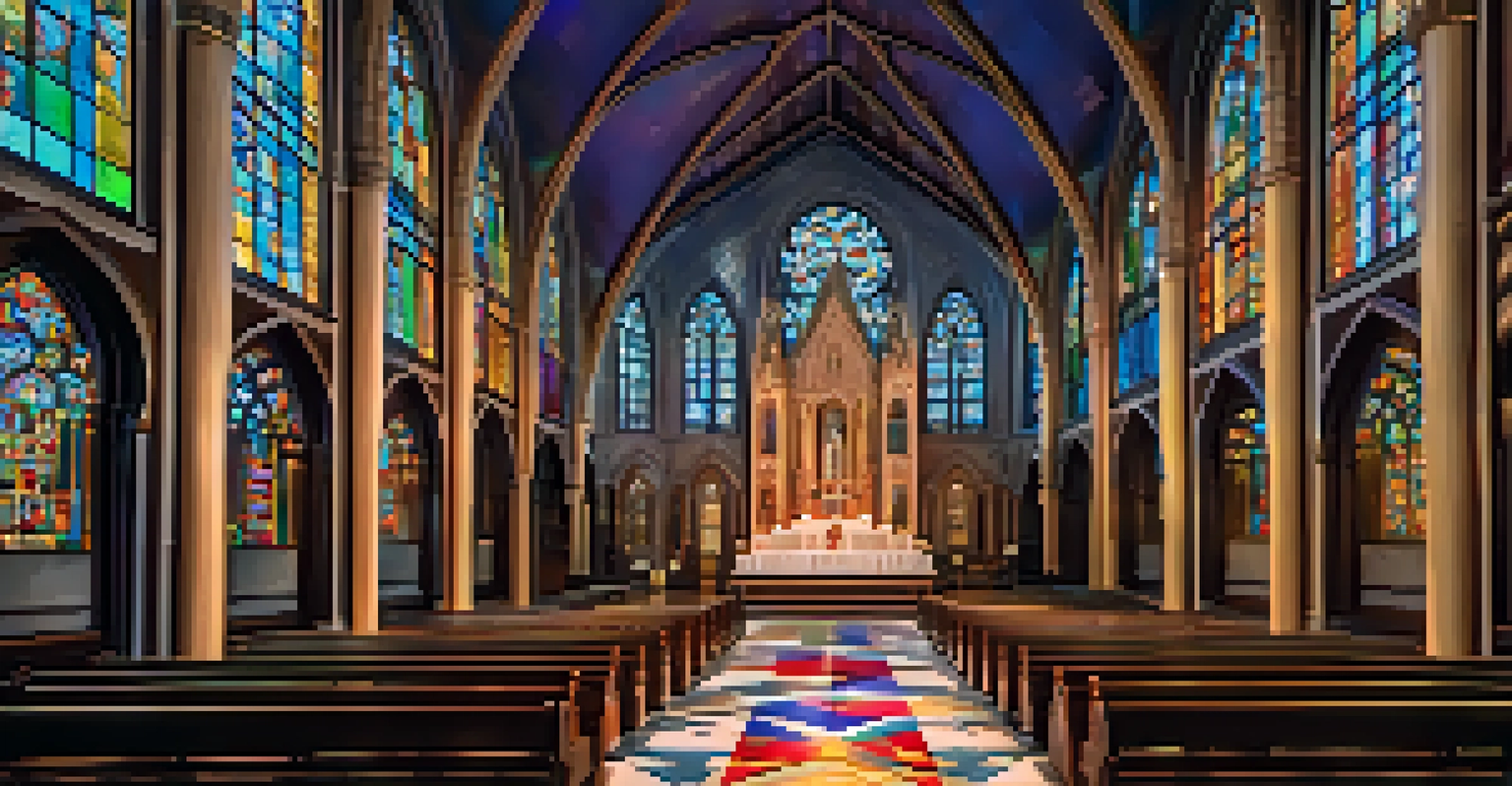 The interior of St. Francis de Sales Oratory, with stained glass windows casting colorful light, showcasing the gothic architectural beauty.