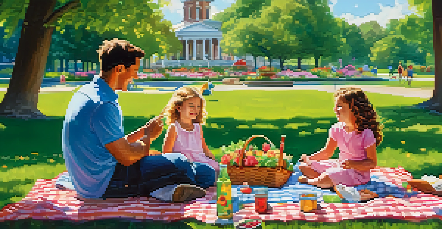 A family having a picnic in Tower Grove Park, surrounded by colorful flower gardens and children playing.