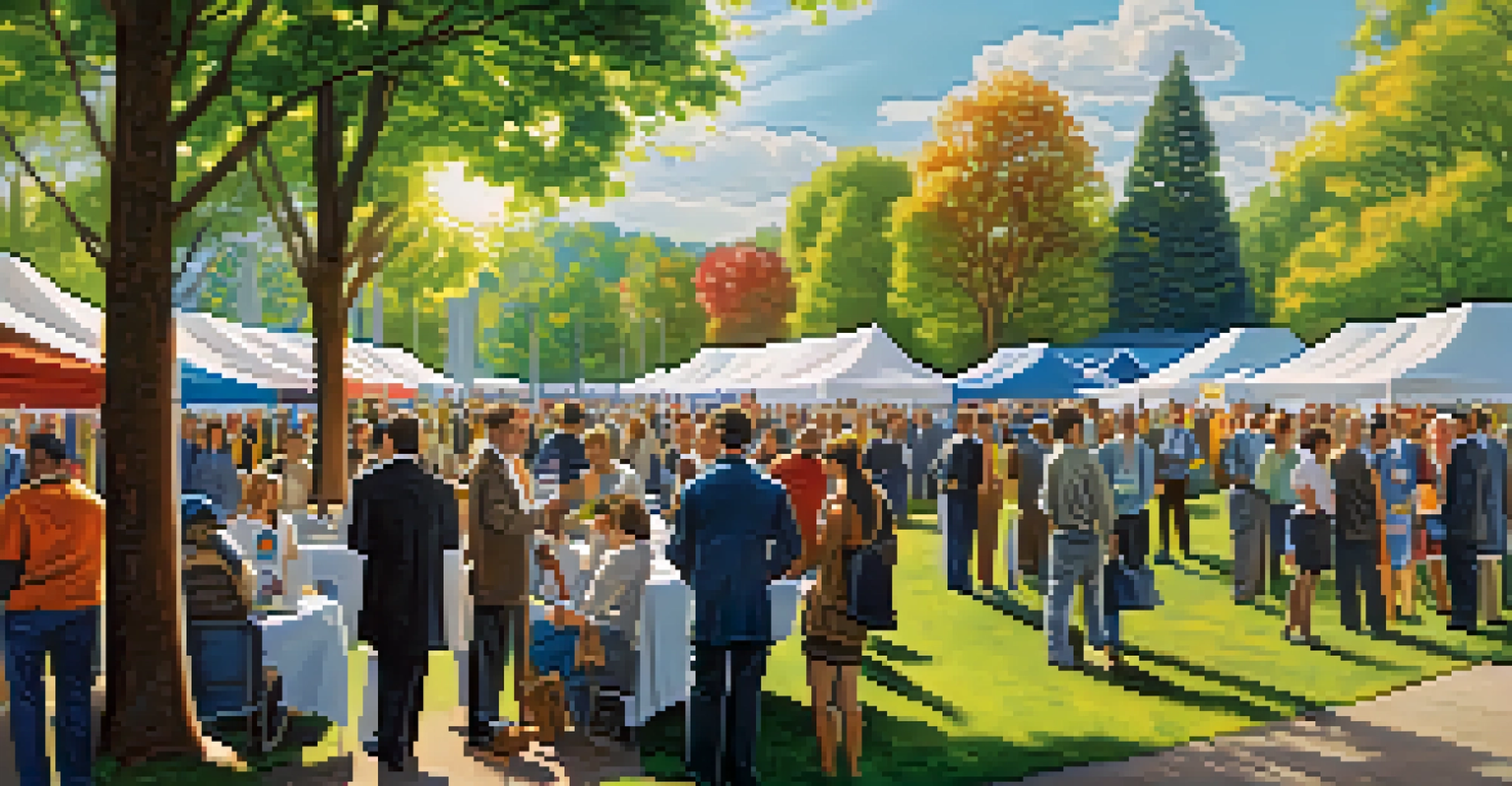 A lively job fair in a park with job seekers and employers interacting under bright sunshine.