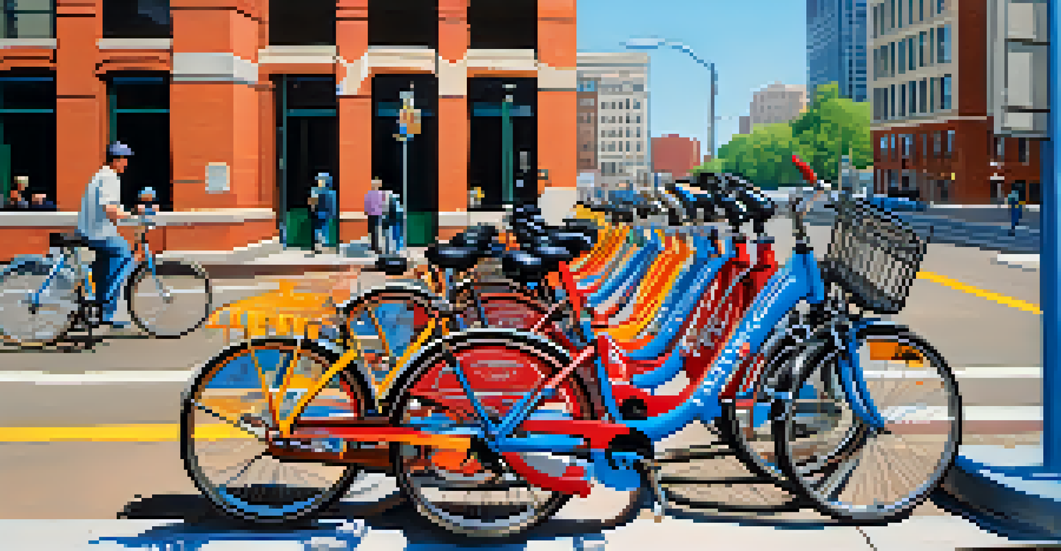 A bike-sharing station in downtown St. Louis with colorful bicycles and urban architecture.