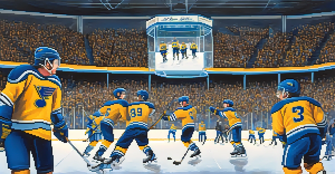 A lively ice rink scene in St. Louis with young hockey players practicing, surrounded by cheering families and blue and gold banners.