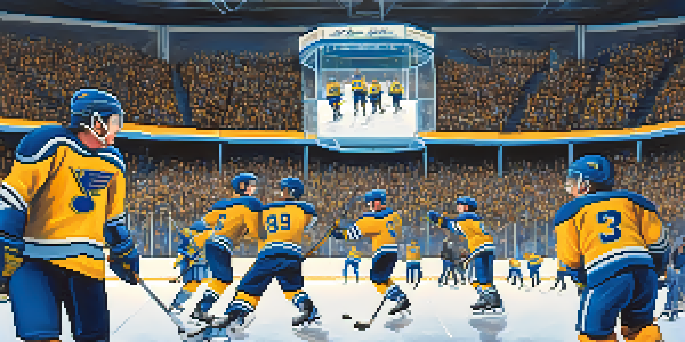 A lively ice rink scene in St. Louis with young hockey players practicing, surrounded by cheering families and blue and gold banners.