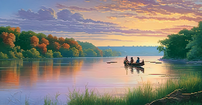 A sunset landscape of the Mississippi River with Native American tribespeople fishing from canoes, surrounded by lush greenery.
