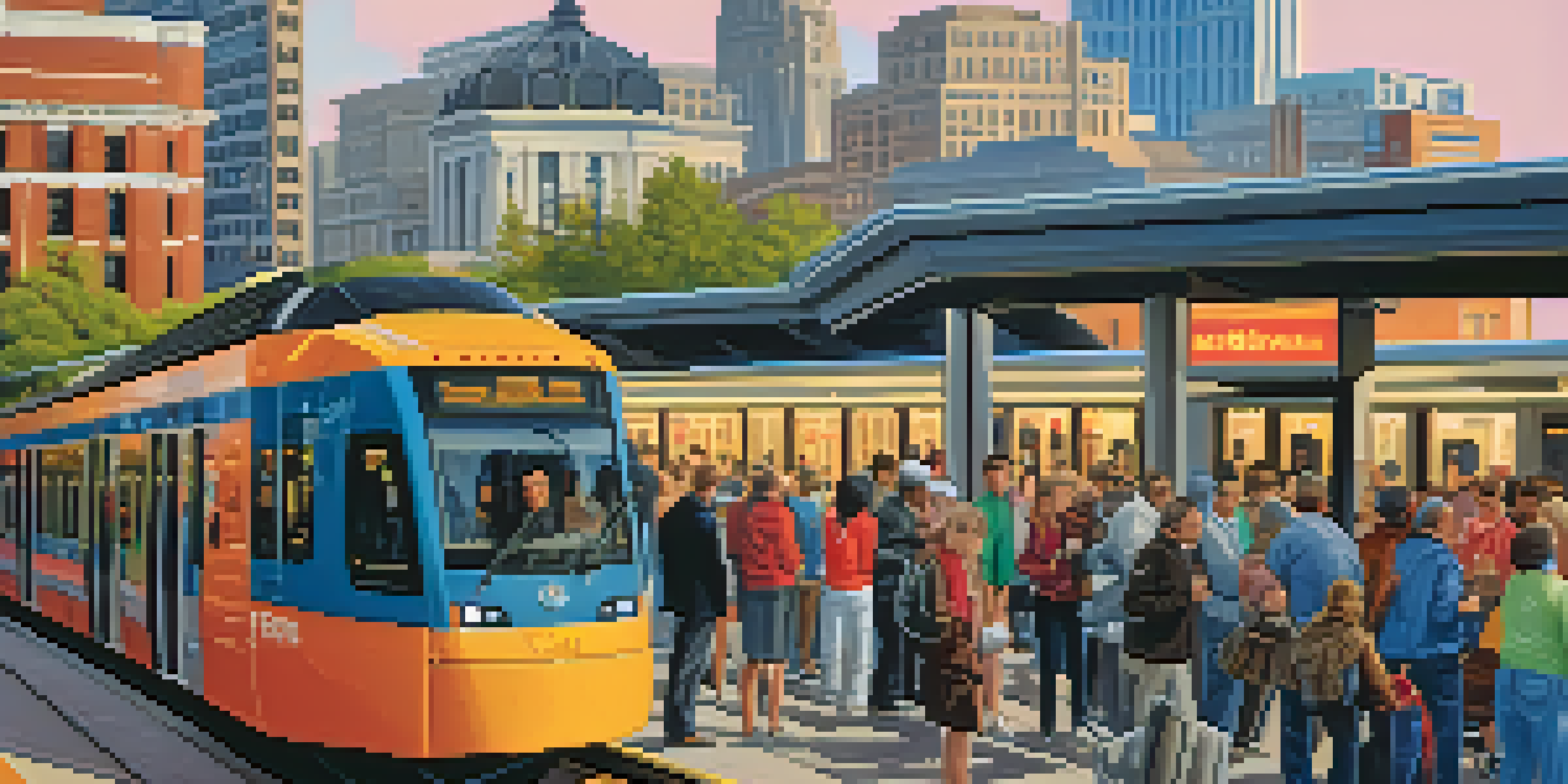 A busy MetroLink station in St. Louis filled with commuters and a light rail train, surrounded by a modern urban environment.