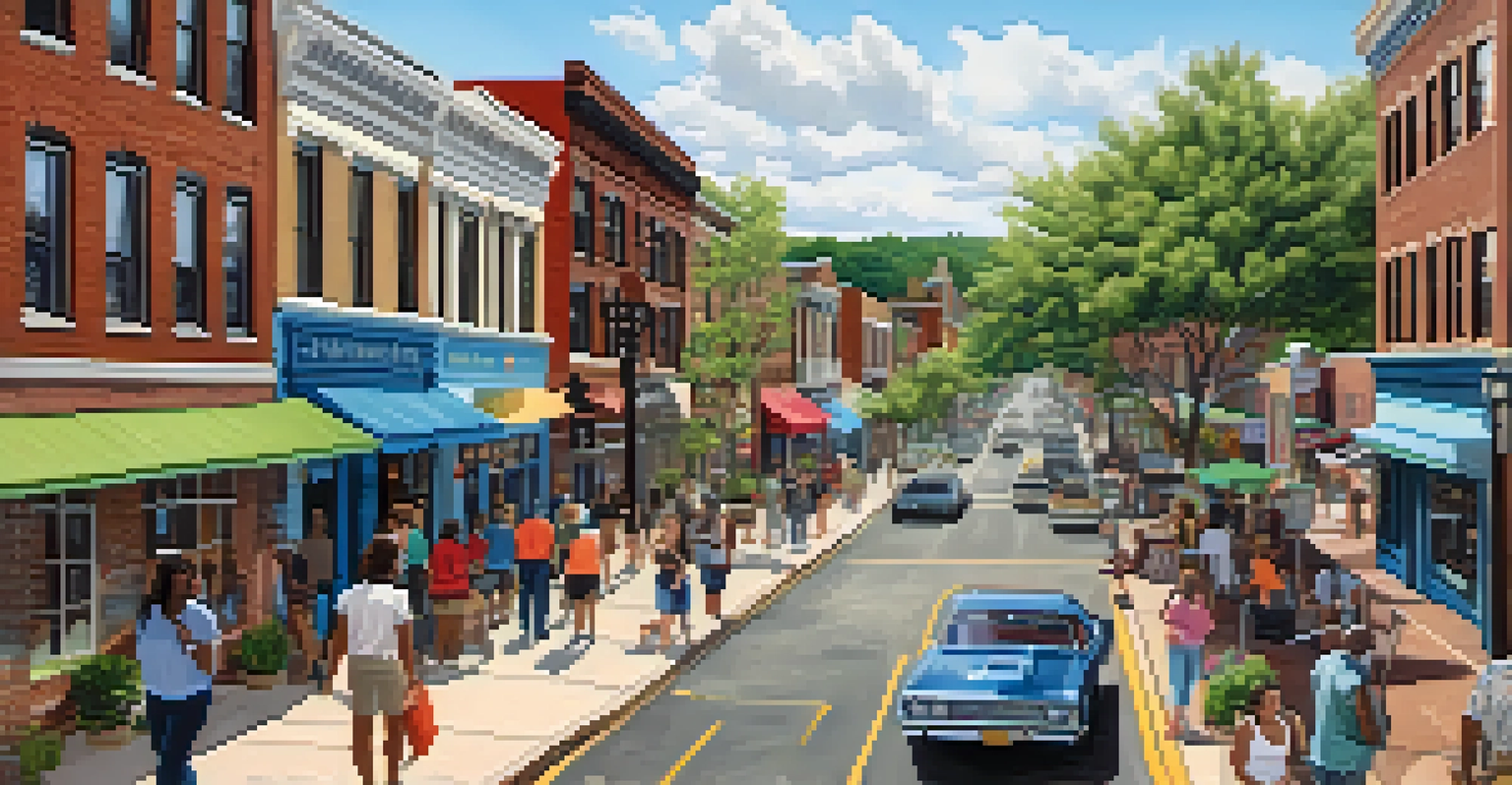 An aerial view of Cherokee Street in St. Louis, showing restored historic buildings, street art, and diverse people enjoying the lively cultural district.