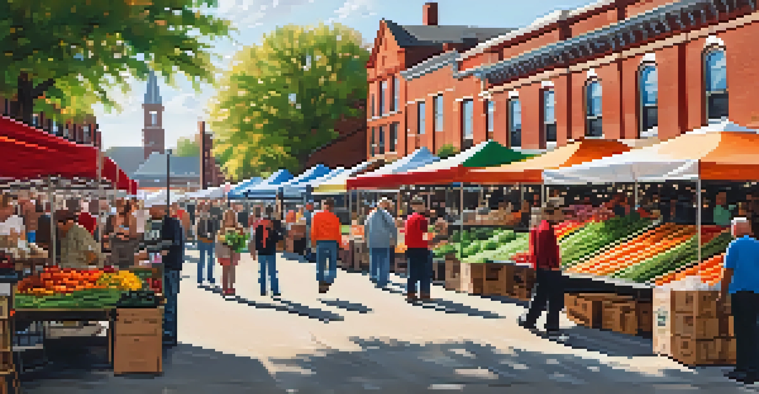 A lively farmers market scene in Soulard with colorful stalls and crowds of people, surrounded by historic brick buildings.