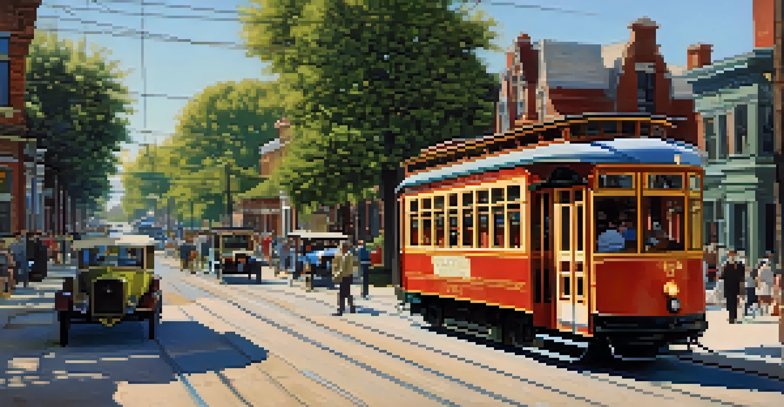 A vintage streetcar in a lively St. Louis neighborhood, with people boarding and historic buildings in the background, under a sunny sky.