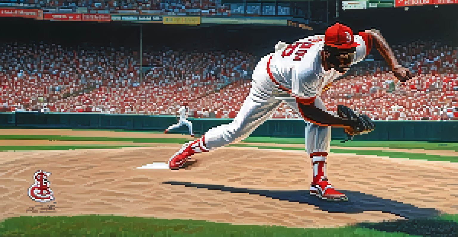 An artistic depiction of legendary pitcher Bob Gibson on the mound, showcasing his intense windup and powerful presence in a colorful, dynamic style.
