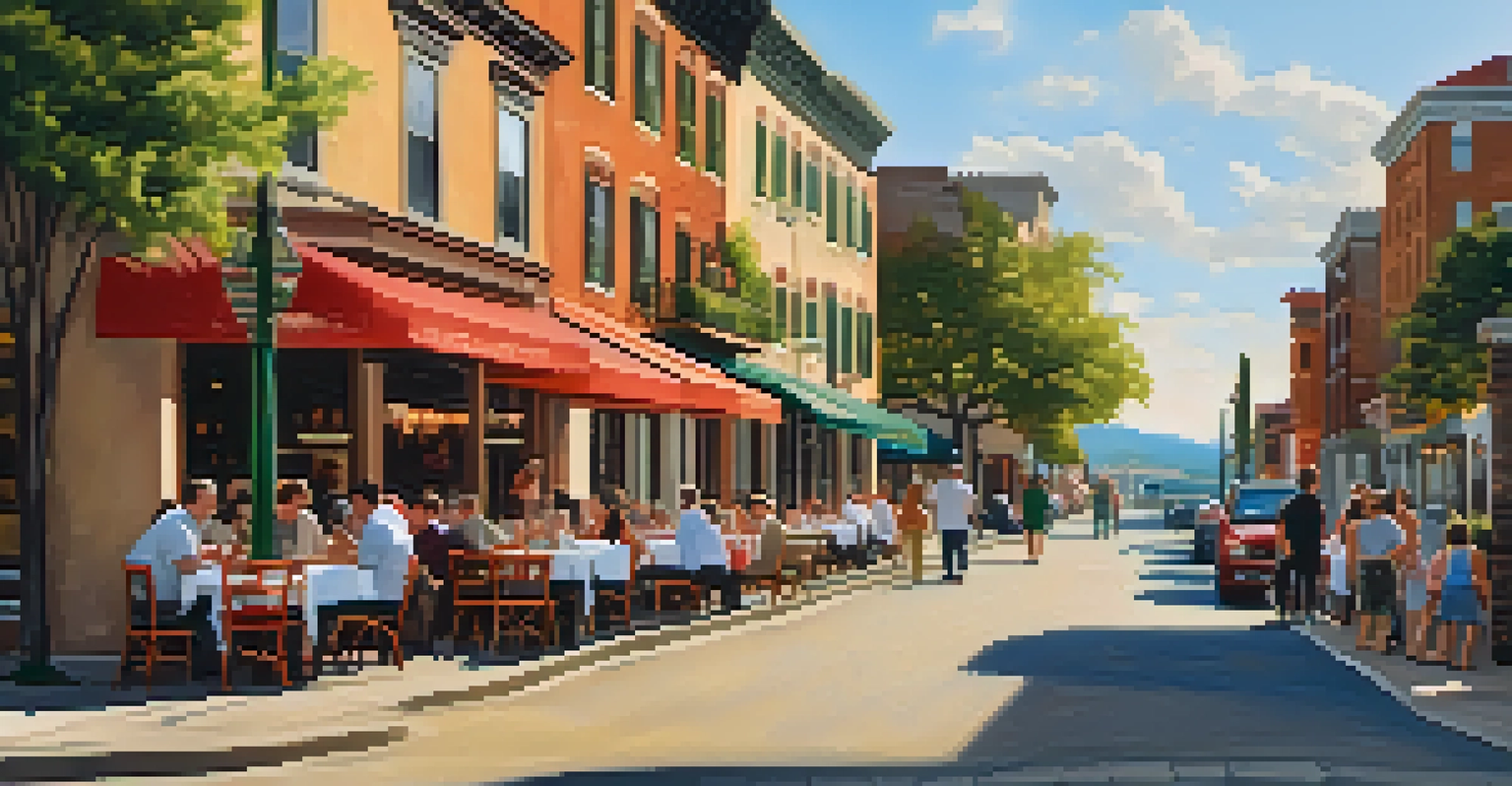 The Hill neighborhood with family-owned Italian restaurants and colorful murals, showcasing a vibrant street scene filled with people dining outdoors.