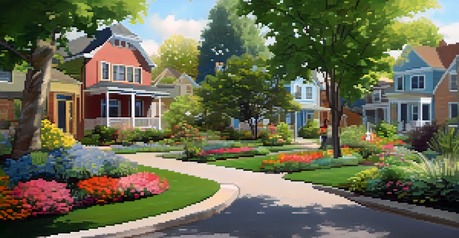 A colorful rain garden in a St. Louis neighborhood with flowers, greenery, and residents enjoying the space under warm sunlight.