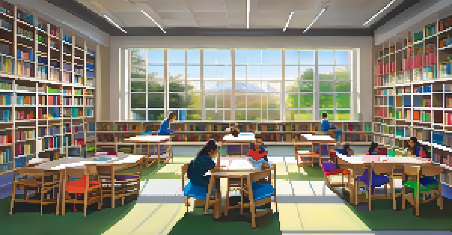 A calm school library with diverse students reading and studying among colorful bookshelves and natural light.
