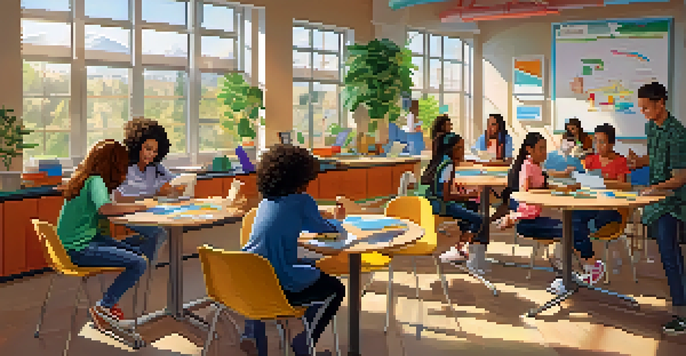 A lively classroom filled with diverse students collaborating at a round table, with assistive technology and bright educational posters.