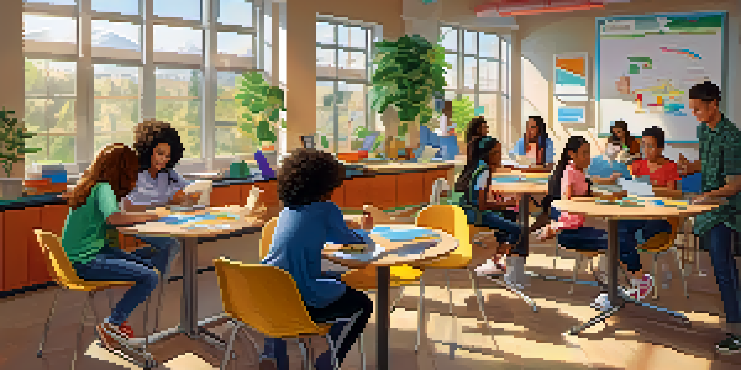 A lively classroom filled with diverse students collaborating at a round table, with assistive technology and bright educational posters.