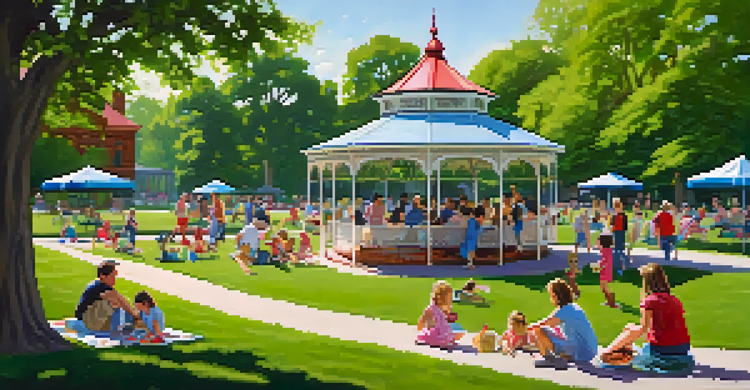 A lively family picnic in Tower Grove Park with children playing and adults enjoying food under a Victorian pavilion.