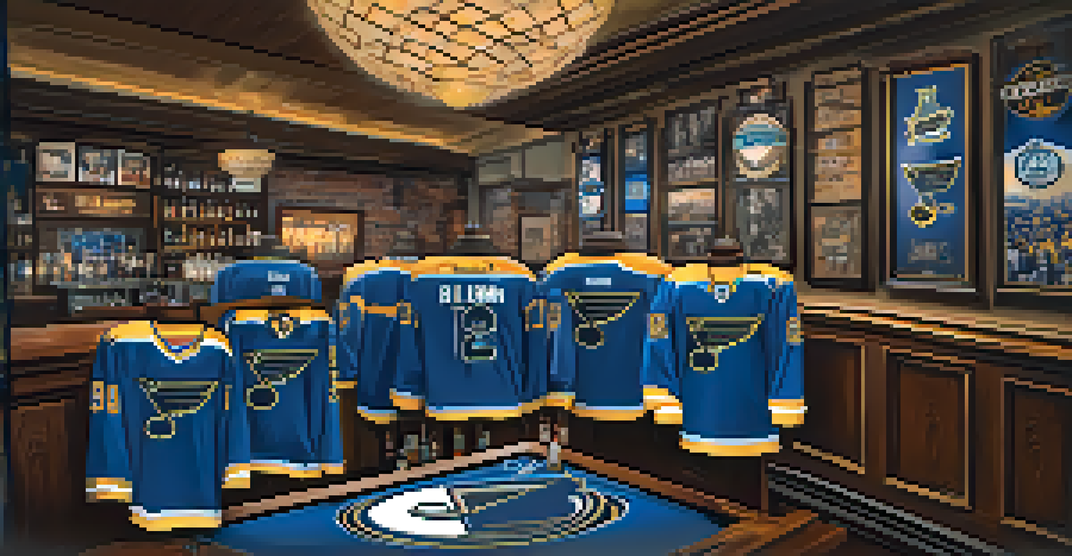 A close-up of a St. Louis Blues jersey in a sports bar, with fans watching a game on a TV in the background.