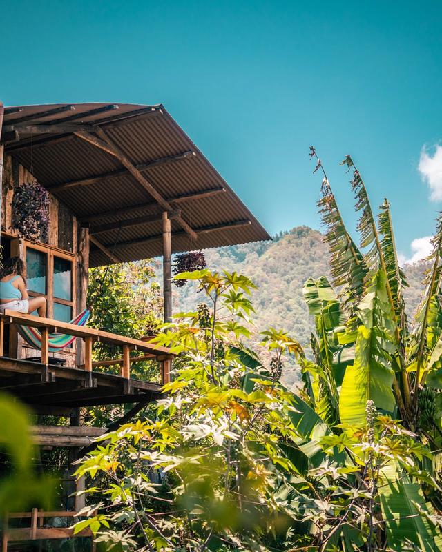 Raised wooden cabin with banana leaves and tropical mountainside, Aviator room exterior