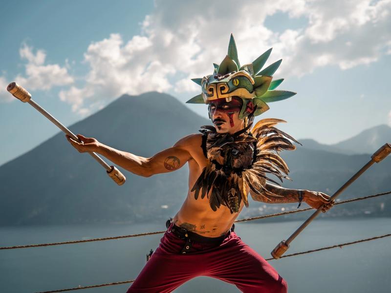 Maya-Zeremonienfigur in traditioneller Tracht zur Sonnenwende