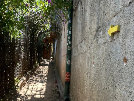 Schmale Gasse unter blühenden Reben mit einer gelben Pfeilmarkierung