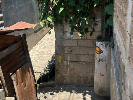 Ein gelb gestrichener Pfeil und ein Chamäleon-Schild an einer mit Kopfsteinpflaster gepflasterten Straßenecke