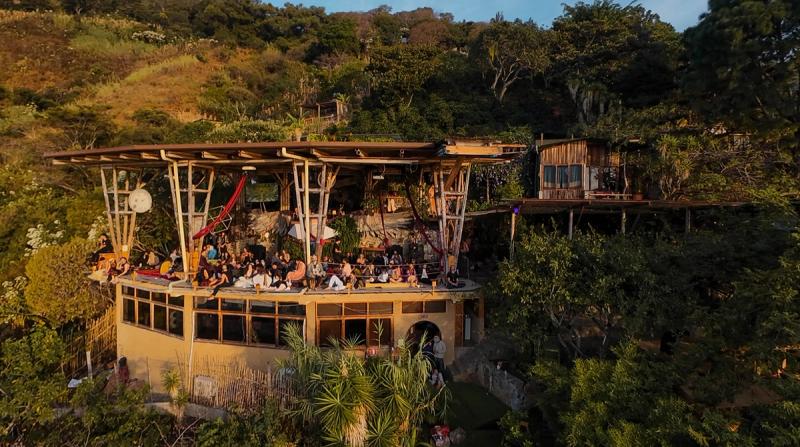 Aerial view of Eagle's Nest property perched over Lake Atitlan at golden hour