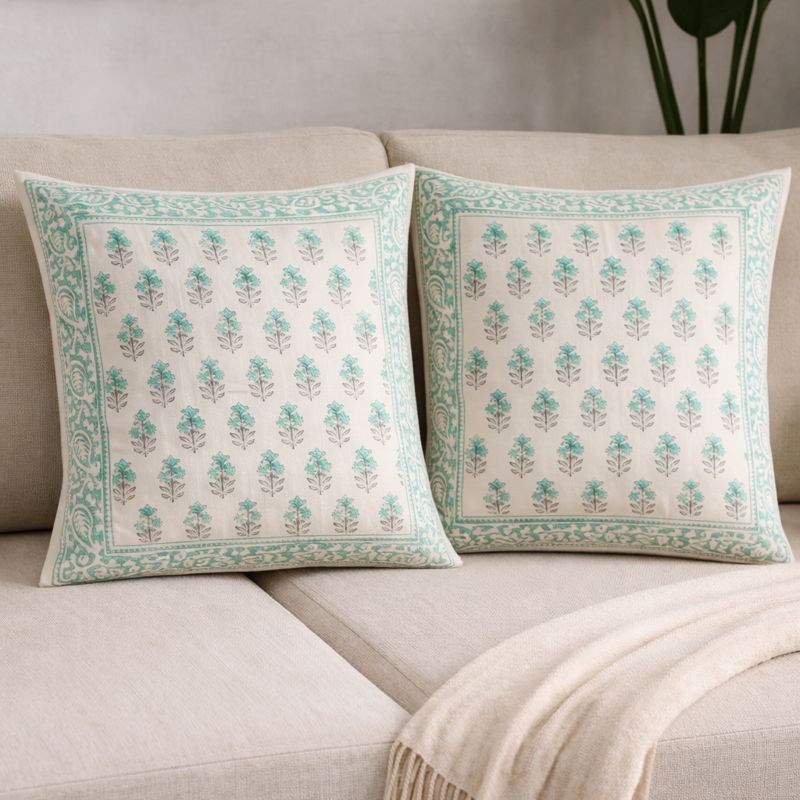 Emerald Elegance Hand Block Cushion Cover