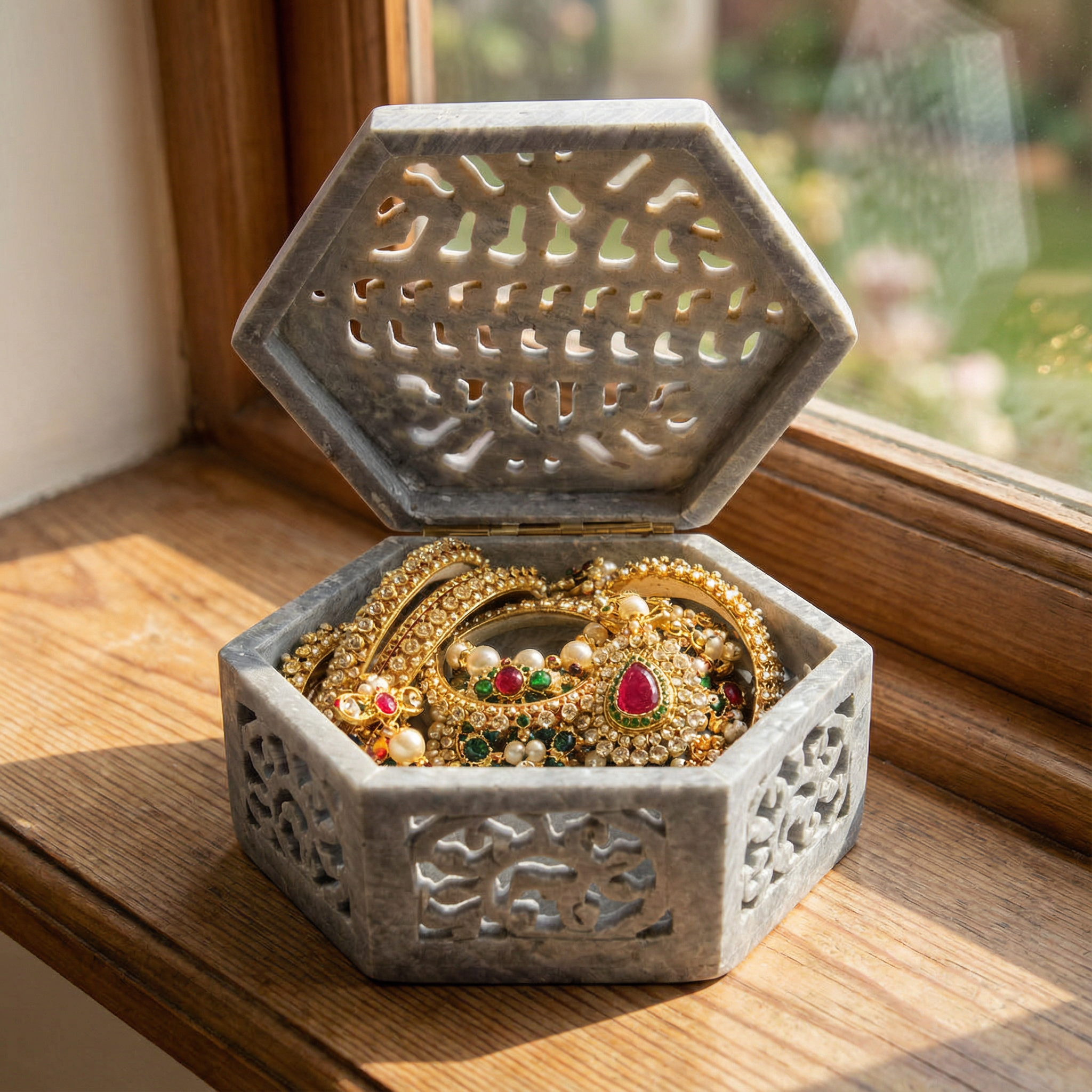 Hand-Carved Soapstone Hexagonal Jewellery Box