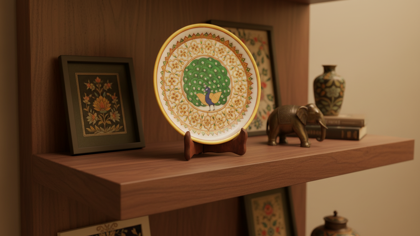 Marble Decorative Plate with Peacock Painting 2