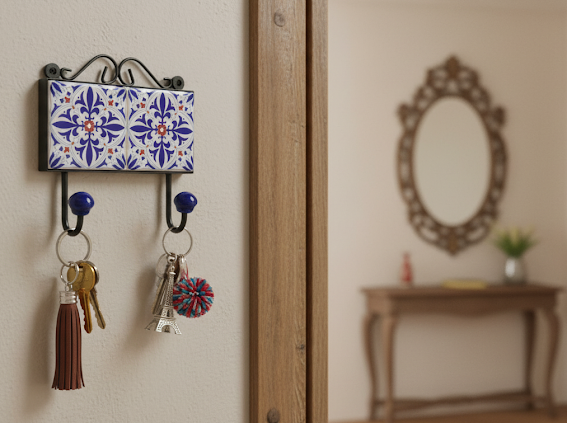 Handcrafted Blue floral Ceramic Tile Wall Hook 3