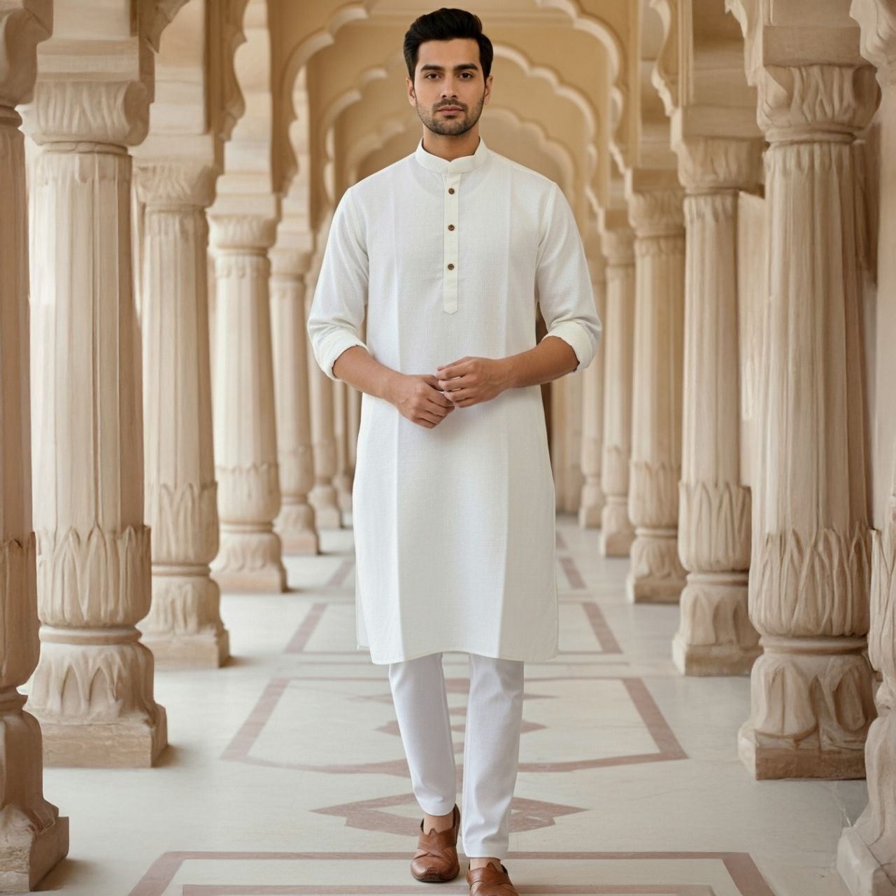 Men's Long Kurta -  Cream Beige 