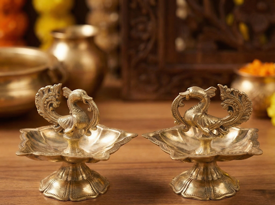 Brass Peacock Design Oil Diya / Deepam Pair 4