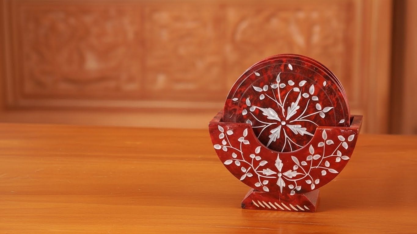  Handcrafted Marble Inlay Tea Coaster Set 4