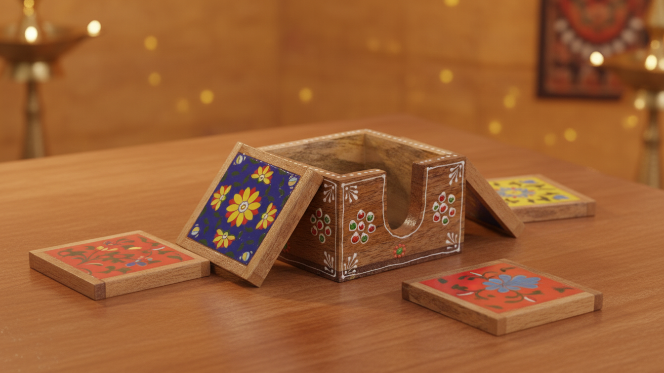 Handcrafted Wooden Tea Coaster Set with Colourful Floral Art 2