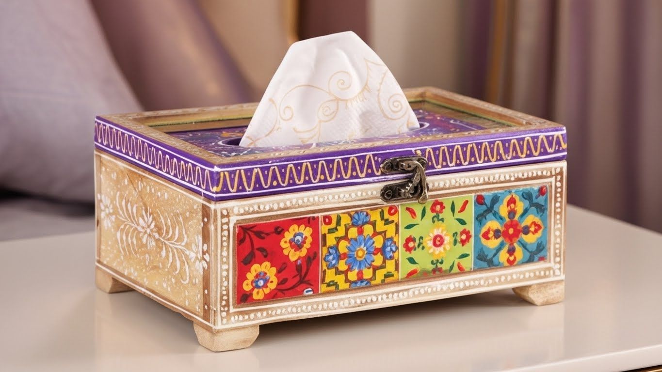 Hand Painted Mosaic Wooden Tissue Box