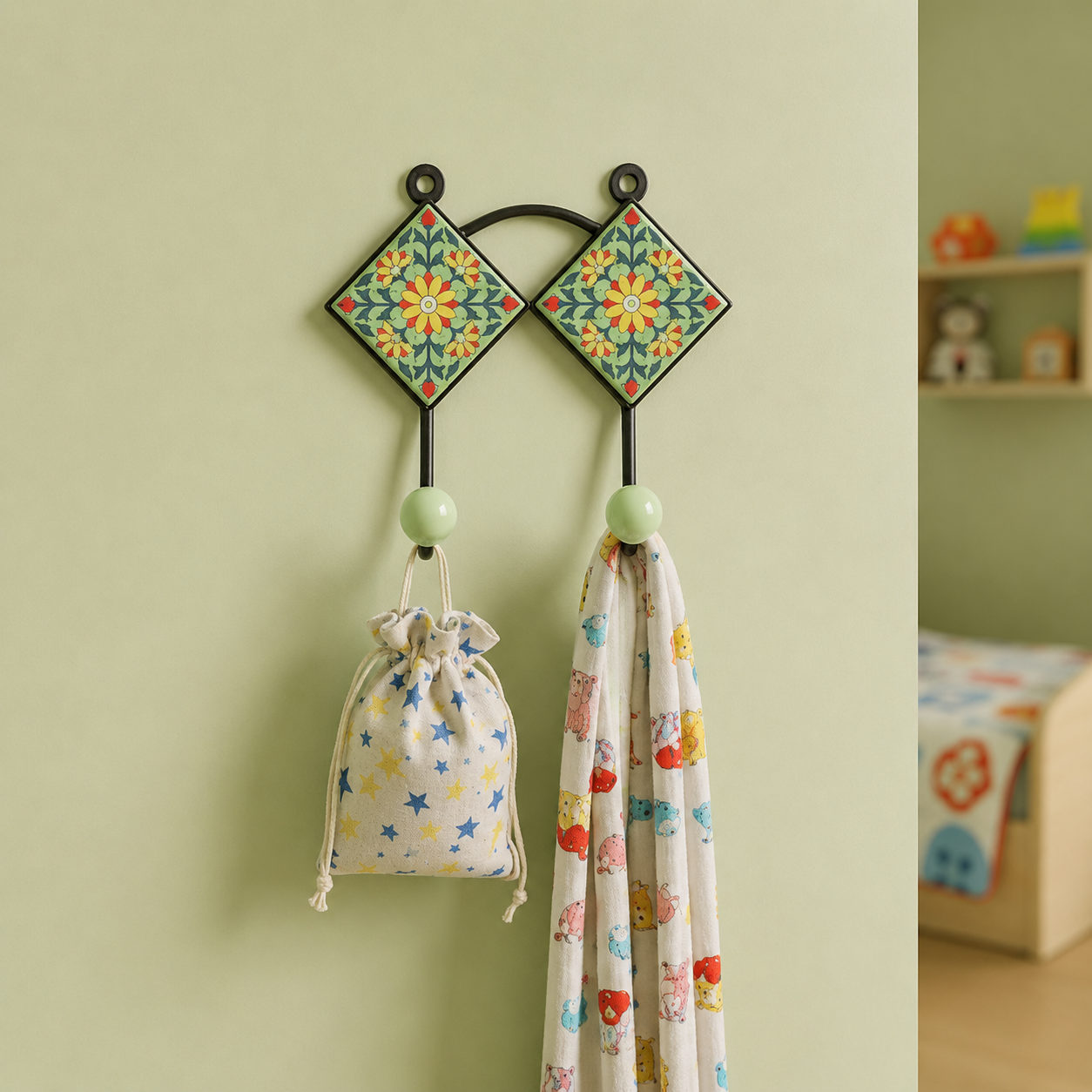 Handcrafted Green Floral Ceramic Tile Double Wall Hook 3