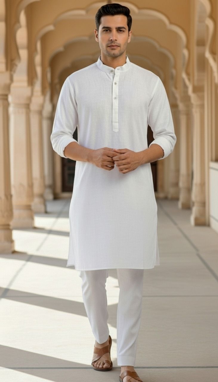 Men's Long Kurta- White  2