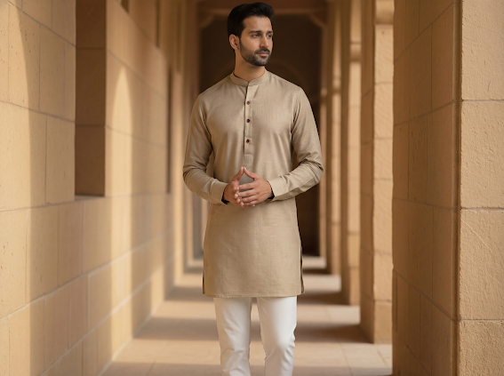 Men's Short Kurta- Yellow Tan  2