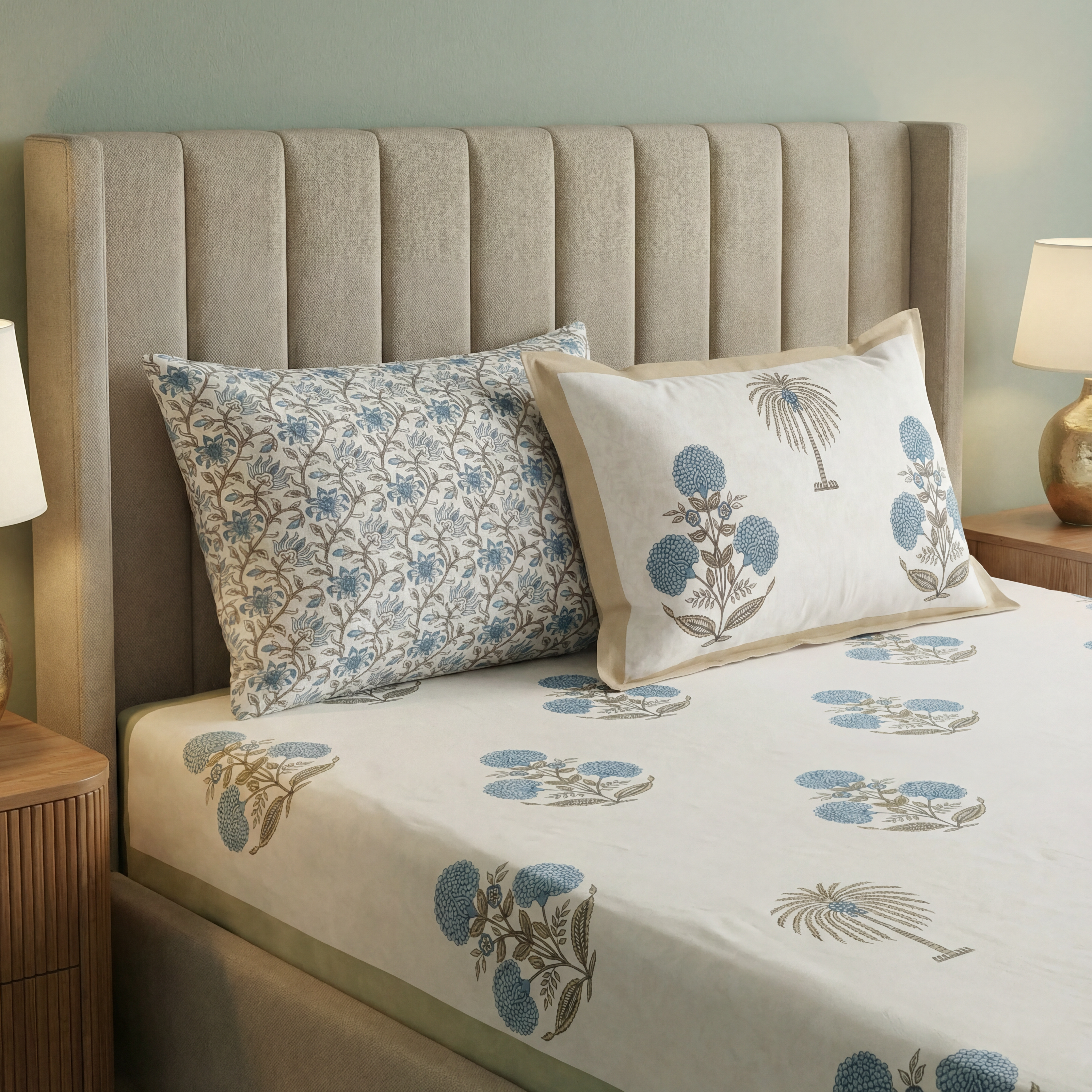 Blue Palm Paradise Hand block Bedsheet Set 5