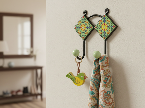 Handcrafted Green Floral Ceramic Tile Double Wall Hook 2