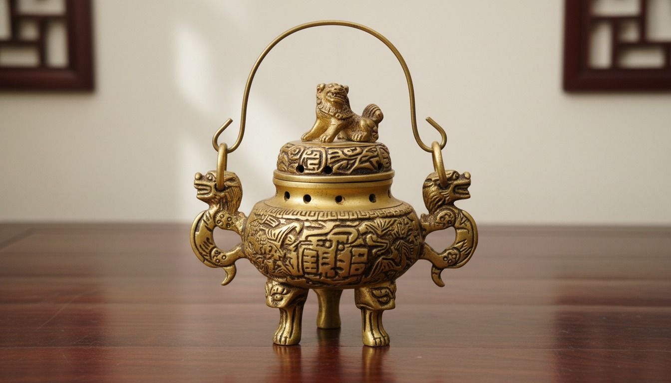 Antique Brass Feng Shui Incense Burner with Dragon Handles 2