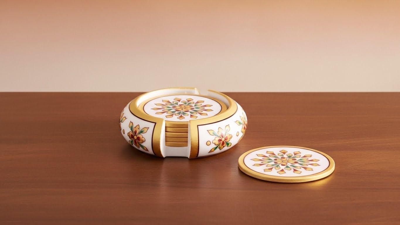 Hand-Painted Marble Floral Tea Coaster Set 4