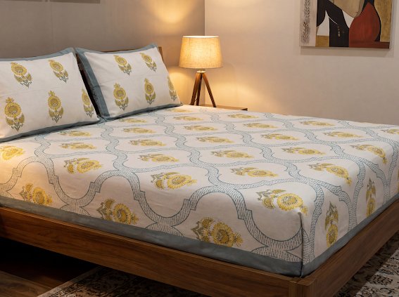 Golden Harmony Hand block Bedsheet Set