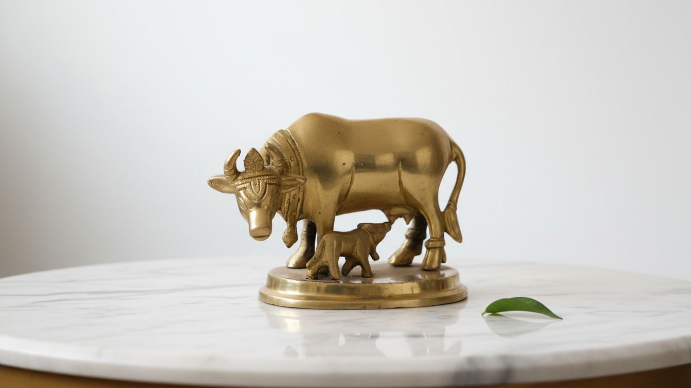 Brass Kamdhenu Cow with Calf Idol (4 inches) 3
