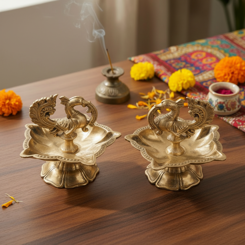 Brass Peacock Design Oil Diya / Deepam Pair 5