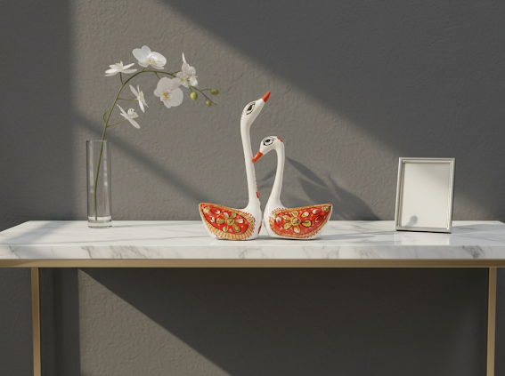 Hand-Painted Swan Pair ( Red and White )