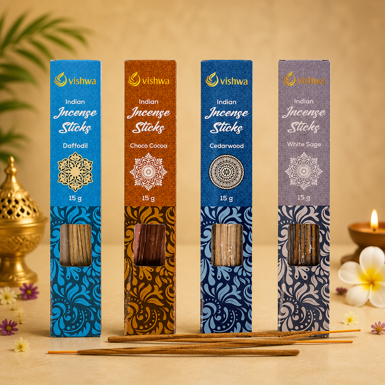 Incense Sticks Bundle - French Fragrances - ( Daffodil + Choco Cocoa + White Sage + Cedarwood )