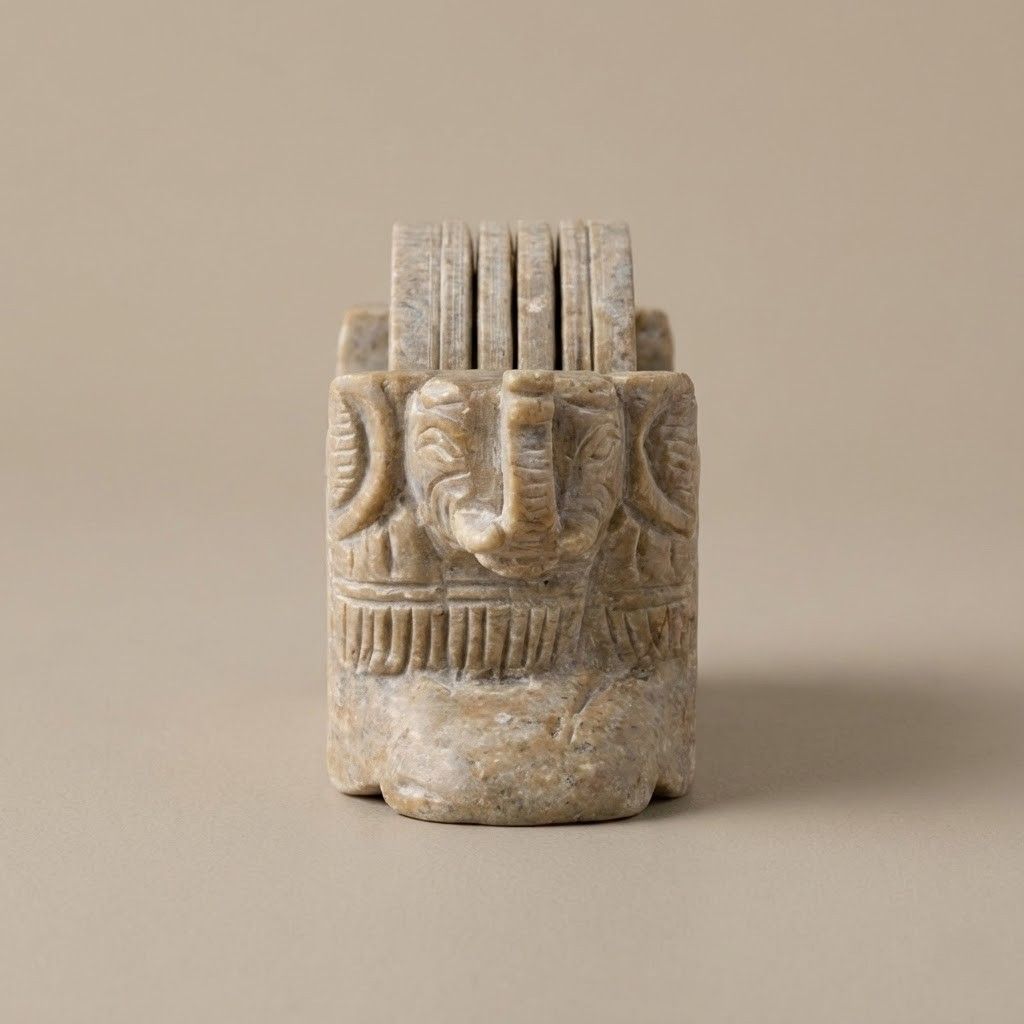  Hand-Carved Elephant Soapstone Coaster Set 3