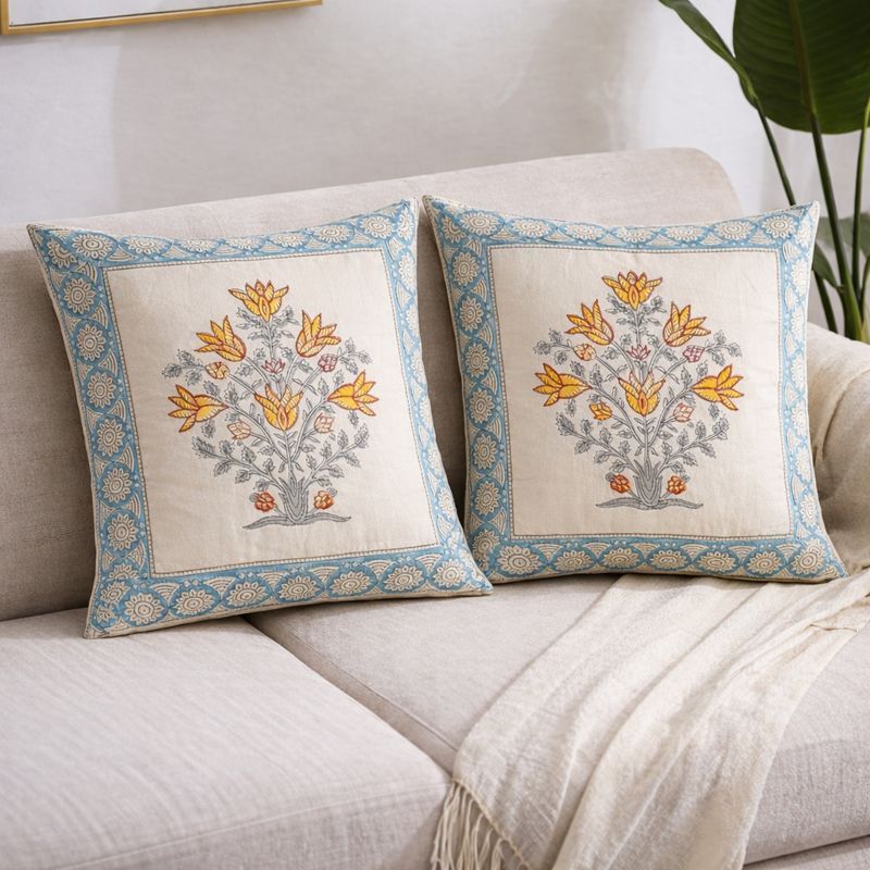 Golden Flora Hand Block Cushion Cover